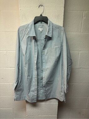 J. Jill Women's Blue and White Striped Button-Down Shirt with Pockets